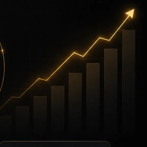 Gráfico de barras em dourado com a linha de crescimento subindo