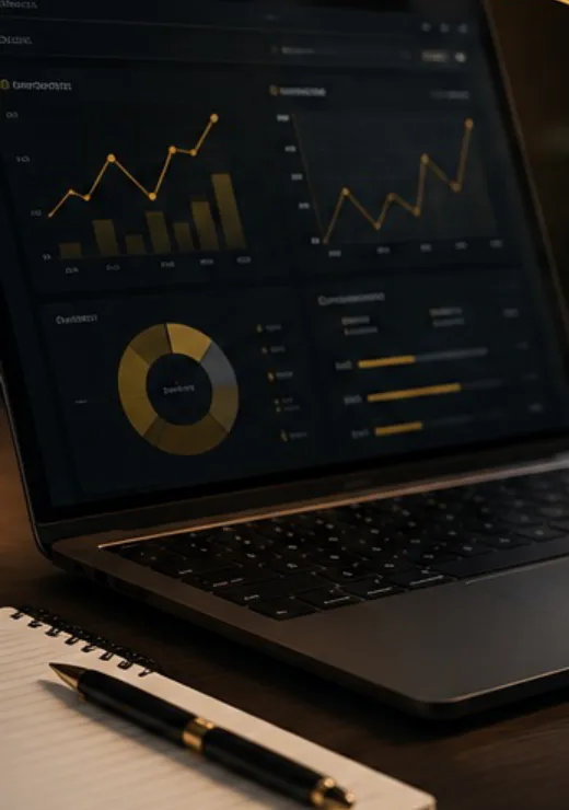 Mesa de trabalho com notebook exibindo gráficos e um caderno de anotações com caneta