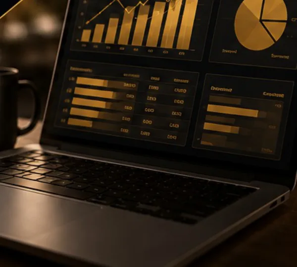 Notebook com relatórios e indicadores financeiros em dourado